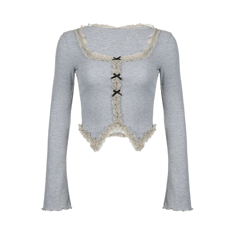 Japanese Y2K Bow Ruched Long Sleeve Tees Skinny Korean Sweet Autumn Tshirt Women Lace Spliced Cropped Top Cutecore