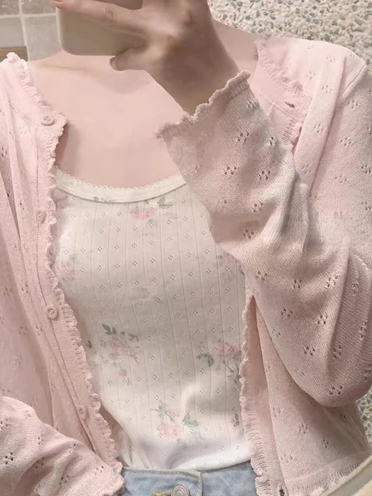 Women Summer Sun Protection Coat Lace Hollow Cardigan Lolita Female Blouse Tops Covers Blusa Y2K Korean All Match 2025