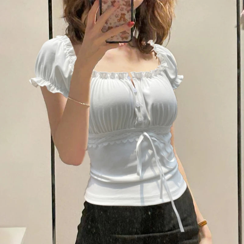 Korean Fashion White Square Neck Summer T-shirts Women Ruched Lace Spliced Buttons Sweet Crop Top Slim Coquette Tees