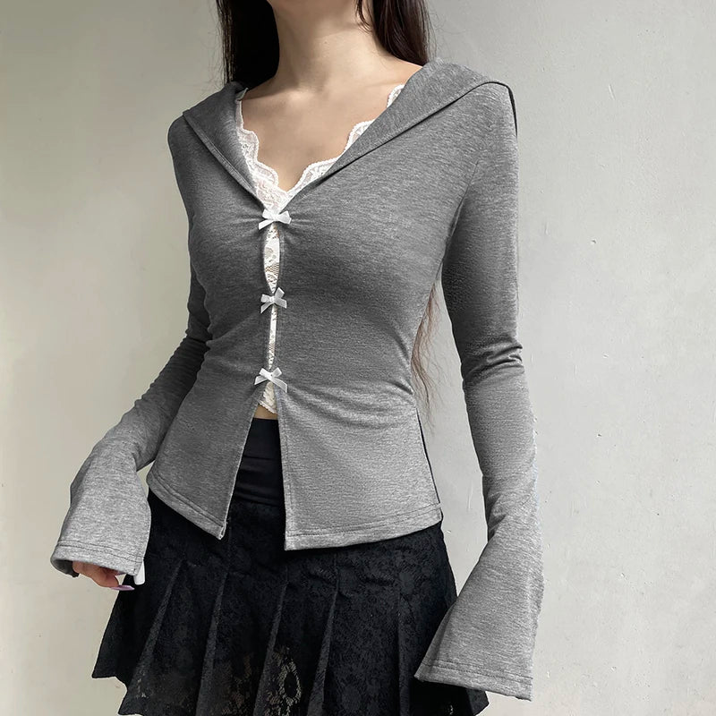 Casual Y2K Lace Patchwork Slim Women T-shirts Top Bow Split Korean Fashion Tee Long Sleeve Spring Autumn Kawaii Girls