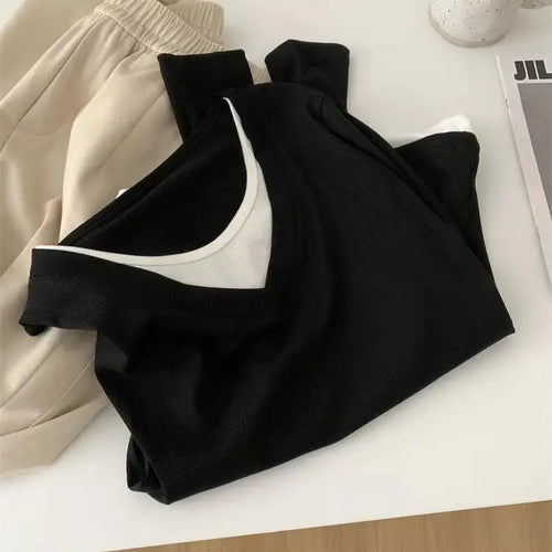 Load image into Gallery viewer, Korean Fashion Women's Patchwork Round Neck Versatile Cotton T Shirt Autumn Long Sleeves Vacation Pullovers Tops Casual Simple
