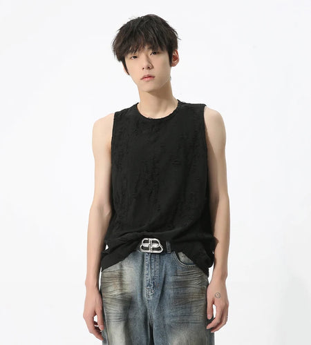Men's Sleeveless Vest Niche Design Sense Broken Hole Lazy Style Round Neck Casual Male Tank Top Summer 9C5719
