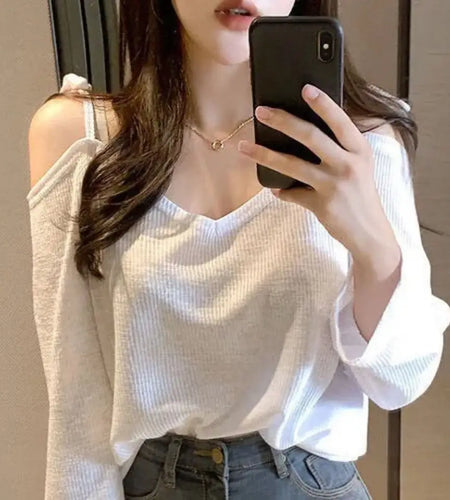 Ropa Mujer Oversized Shirts for Women Bandage Off Shoulder Summer Tees Y2k Tops V-neck Casual Fashion Korean White Tshirt