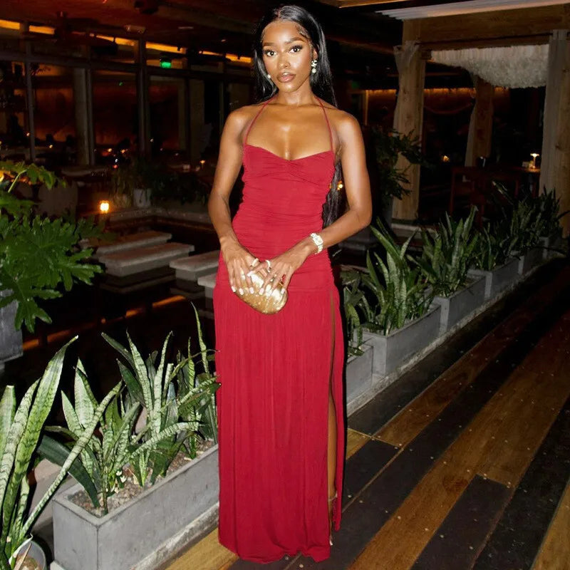 Spaghetti Strap Split Sexy Maxi Dress For Women Elegant Halter Sleeveless Backless High Waist Bodycon Club Party Dress