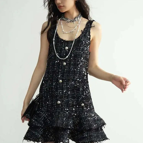 Load image into Gallery viewer, Women Black Sequins Tassels Ruffles Mini Elegant Dress New Round Neck Sleeveless Fashion Tide Spring Autumn 2025 1DH8269
