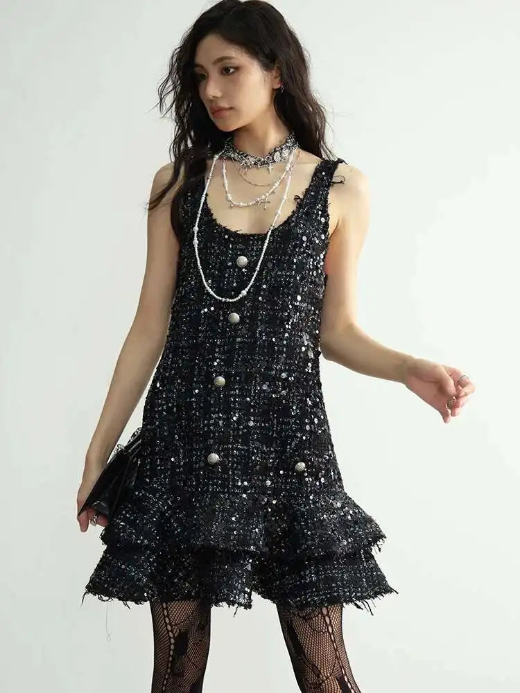 Women Black Sequins Tassels Ruffles Mini Elegant Dress New Round Neck Sleeveless Fashion Tide Spring Autumn 2025 1DH8269