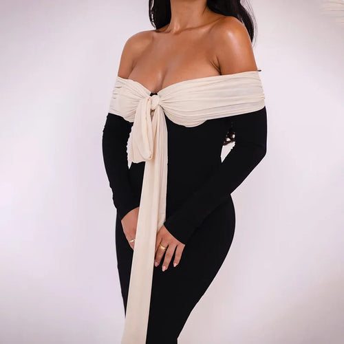 Load image into Gallery viewer, Patchwork Off-shoulder Sexy Maxi Dress For Women Gown Contrast Color Strapless Long Sleeve Bodycon Sexy Long Dress
