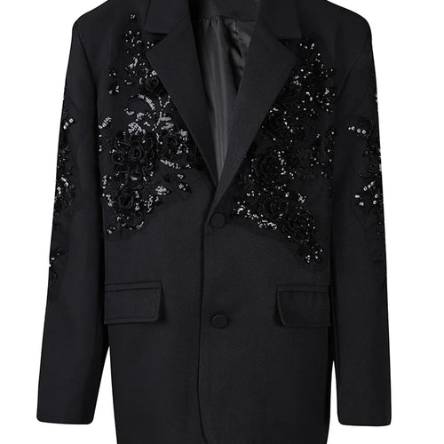 Load image into Gallery viewer, Women Black Sequins Flower Vintage Big Size Blazer New Lapel Long Sleeve Jacket Fashion Tide Spring Autumn 2025 CPG2787
