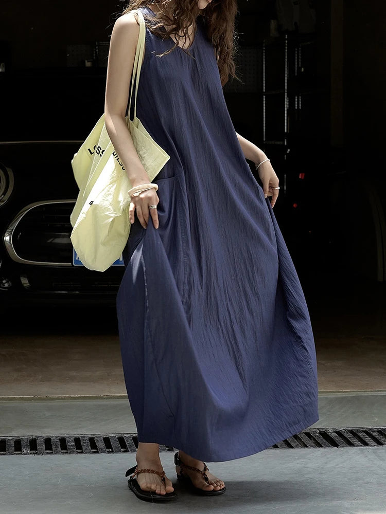 Women Khaki Brief Pocket Casual Long Elegant Bud Dress New Round Neck Sleeveless Fashion Tide Spring Summer 2025 1DJ1330