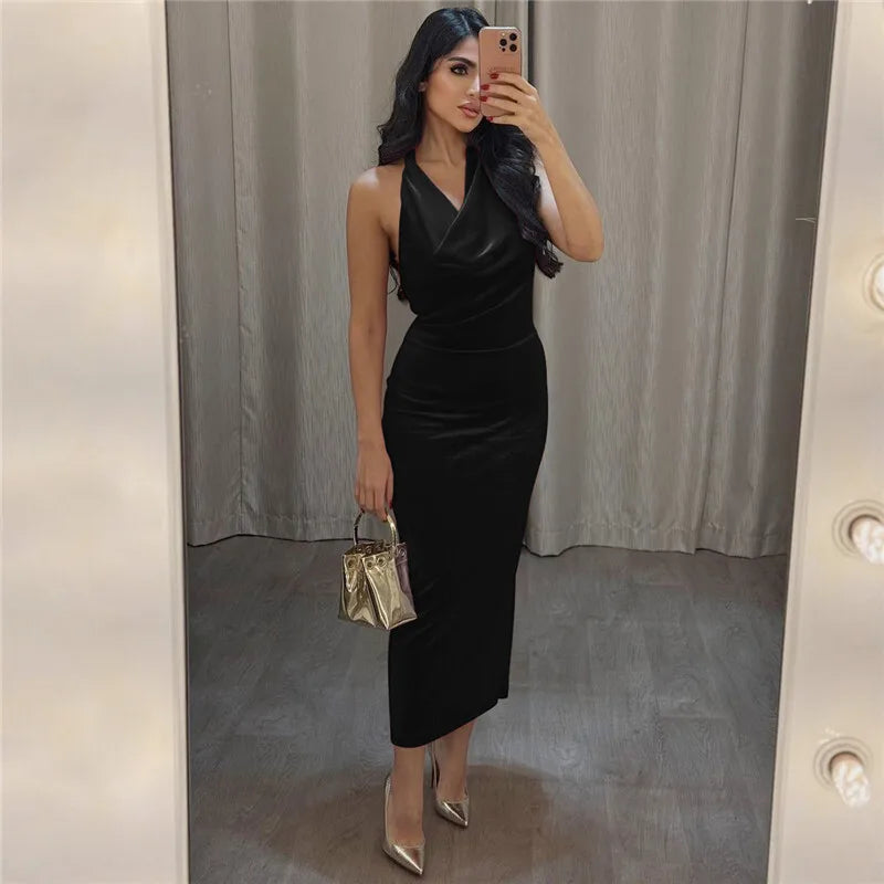 Halter Backless Sexy Maxi Dress For Women Gown Fashion Lace-up Deep V Neck Sleeveless Bodycon Split Long Dress Elegant