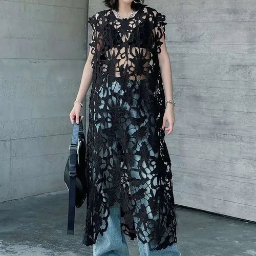 Load image into Gallery viewer, Women Black Lace Hollow Out Perspective Big Size Dress New Round Neck Sleeveless Fashion Tide Spring Summer 2025 1DJ0243
