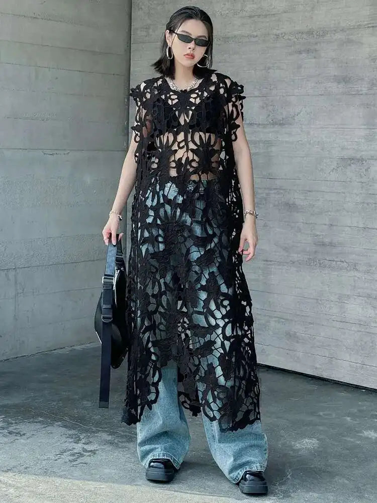 Women Black Lace Hollow Out Perspective Big Size Dress New Round Neck Sleeveless Fashion Tide Spring Summer 2025 1DJ0243
