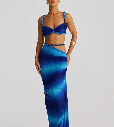 Summer Beach Sexy Two Piece Sets Women Strapless Crop Tops And Maxi Skirt Female Elegant Vacation Club 2 Piece Set