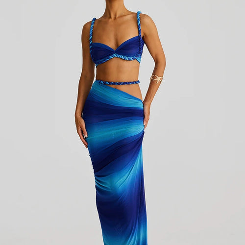 Load image into Gallery viewer, Summer Beach Sexy Two Piece Sets Women Strapless Crop Tops And Maxi Skirt Female Elegant Vacation Club 2 Piece Set
