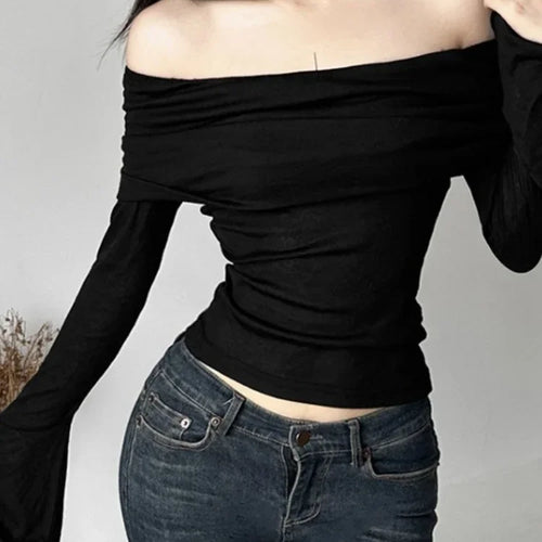 Load image into Gallery viewer, Y2k Aesthetic Women Translucence Tee Shirts Slash Neck Long Sleeve Solid Casual T-Shirts Vintage Off Shoulder Sexy Cute Tshirts
