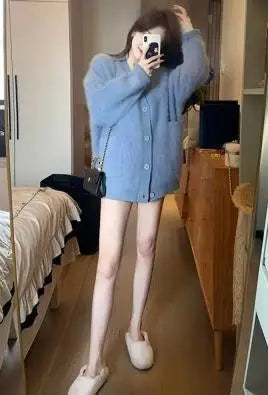 Load image into Gallery viewer, Korean 2024 New Women Solid V Neck Single Breasted Holiday Sweater Autumn Winter Long Sleeved Cardigan Knitted Short Top Popular
