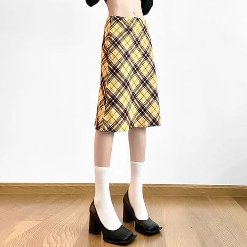 Load image into Gallery viewer, Elegant Vintage Yellow Plaid Skirt Women Low Rise Straight Checkered Harajuku Midi Skirt England Style Bottoms Korean
