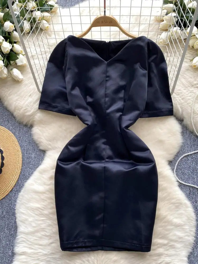 Summer French Black Temperament Mini Dress Women Elegant V Neck Short Sleeve Slim Chic Wrapped Hip Dress Korean Simplicity Trend