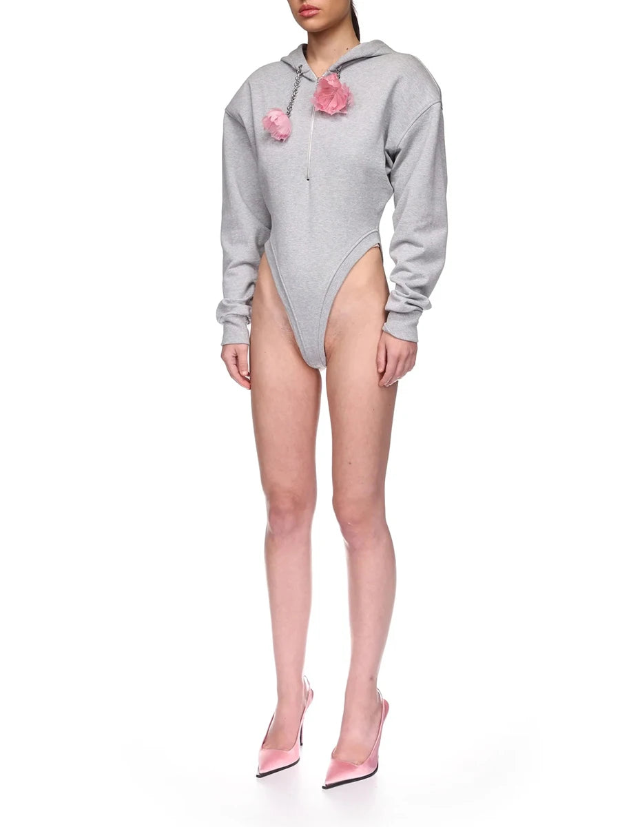 Solid Spliced 3D Flower Fashion Jumpsuit Hoodies for Women Round Neck Long Sleeves Patchwork Zipper Hoodie Female