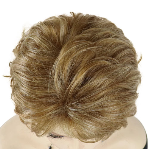 Load image into Gallery viewer, Synthetic Short Wigs for White Women Sandy Blonde Wig with Bangs Mix Brown Color Natural Curly Wig Hair Ombre Elderly Wig Mommy
