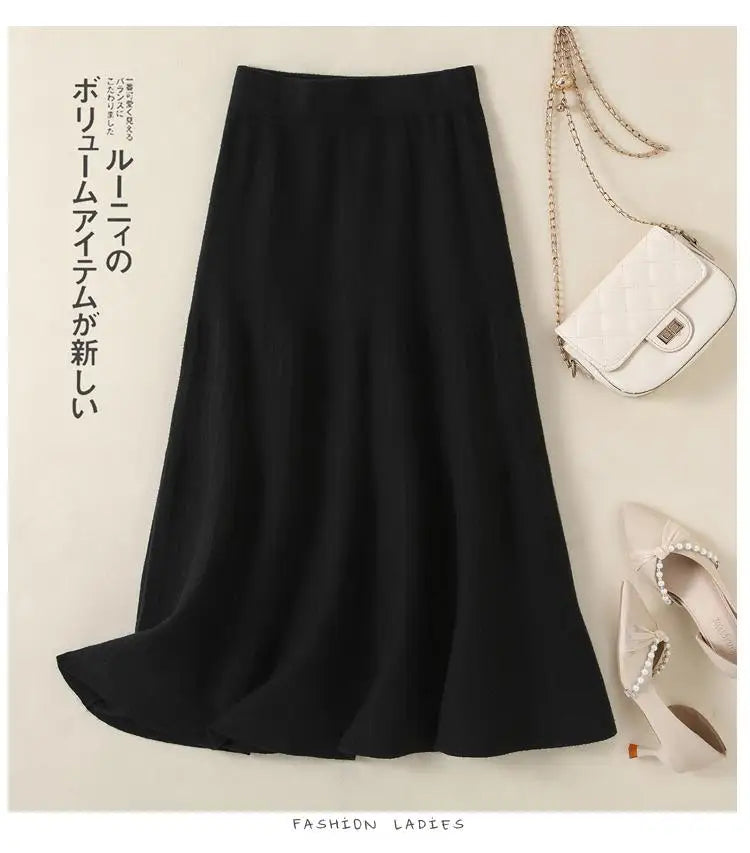 Korean Fashion 2024 Autumn Winter Ladies New Solid Elegant Elastic High Waist Pleated Long Skirt Women Slim Knitted A-line Skirt