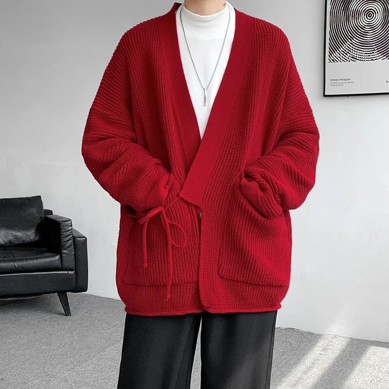 Knitted V-neck Cardigan Men Sweater Long Sleeves Lace-up Solid Color Autumn Winter 2024 Versatile Men's Knits 9C8746