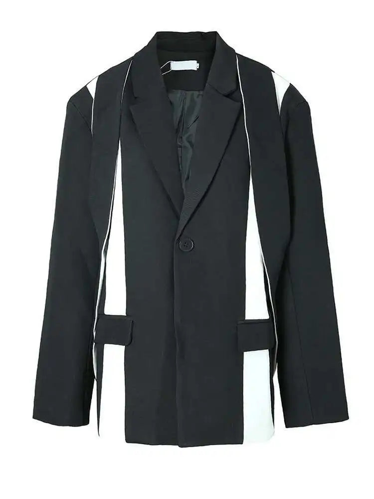Women Black Color-block Big Size Blazer New Lapel Long Sleeve Loose Fit Jacket Fashion Tide Spring Autumn 2025 1DF3108