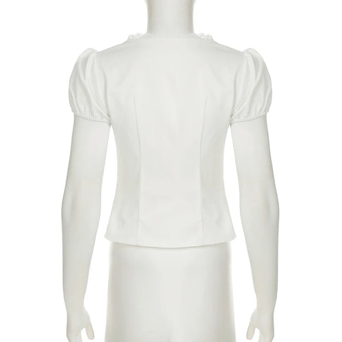 Load image into Gallery viewer, V-neck Lace Patchwork French Style Shirts Women Skinny With Button Puff Sleeve White Blouse Y2K Aesthetics Cute Tops
