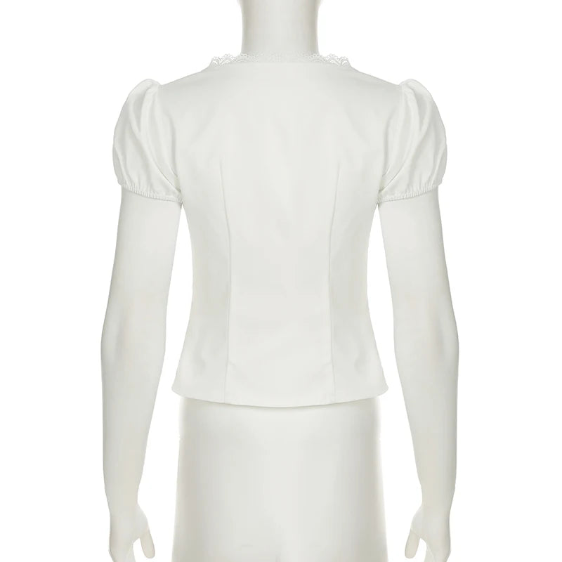 V-neck Lace Patchwork French Style Shirts Women Skinny With Button Puff Sleeve White Blouse Y2K Aesthetics Cute Tops