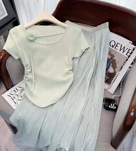 2025 Summer Two Piece Set Women's Solid Short Sleeve Drawstring Lace-up Asymmetric Knit Tops And High Waist Pleated Long Skirts