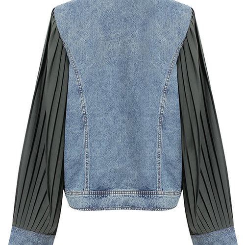 Load image into Gallery viewer, Black Pleated Color-block Denim Jacket New Stand Collar Long Sleeve Women Coat Fashion Tide Spring Autumn 2025 7AB3764
