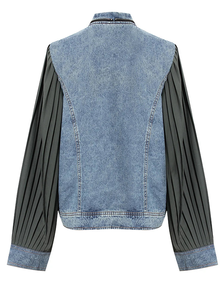 Black Pleated Color-block Denim Jacket New Stand Collar Long Sleeve Women Coat Fashion Tide Spring Autumn 2025 7AB3764