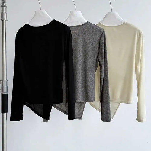 Load image into Gallery viewer, Women Gray Cross Irregular Hem Casual Slim T-shirt New Round Neck Long Sleeve Fashion Tide Spring Autumn 2025 1DJ0739
