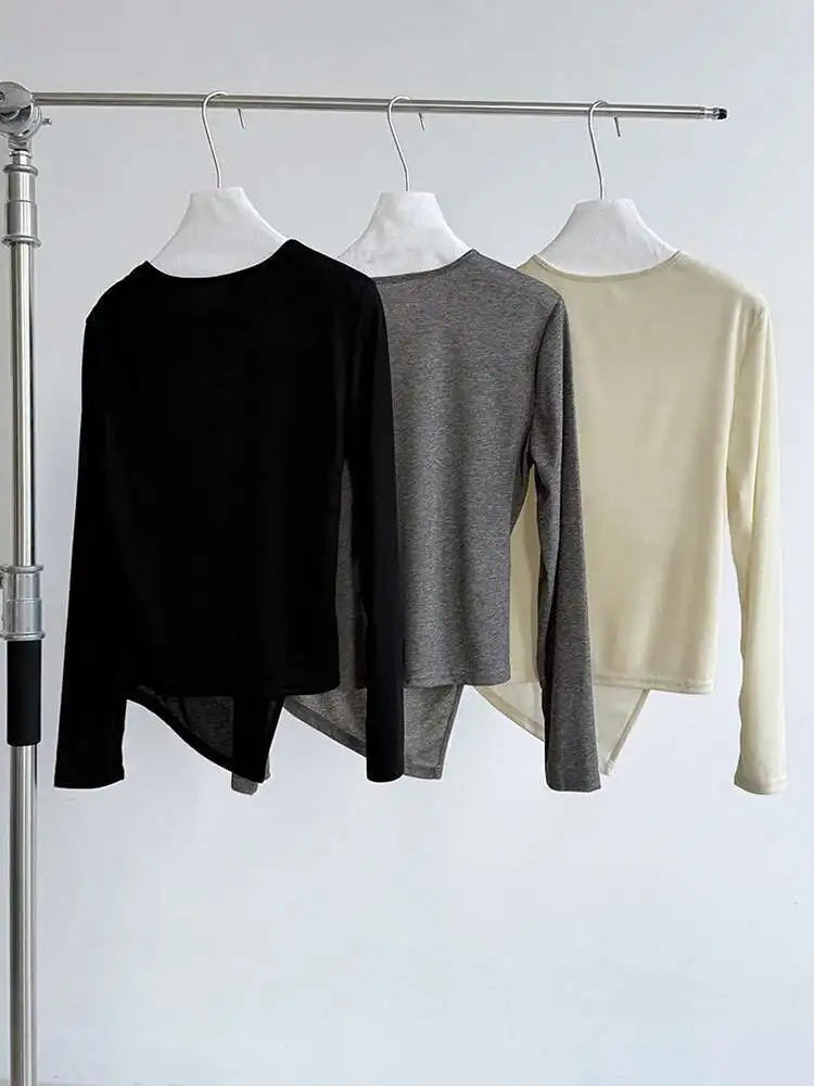 Women Gray Cross Irregular Hem Casual Slim T-shirt New Round Neck Long Sleeve Fashion Tide Spring Autumn 2025 1DJ0739