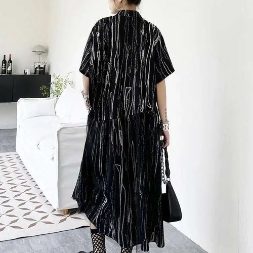 Load image into Gallery viewer, Women Black White Tie Dye Mesh Big Size Midi Shirt Dress New Lapel Short Sleeve Fashion Tide Spring Summer 2025 1DH5962
