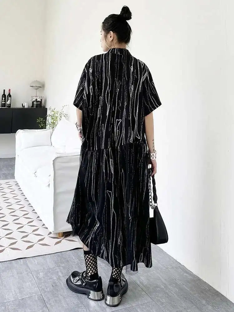 Women Black White Tie Dye Mesh Big Size Midi Shirt Dress New Lapel Short Sleeve Fashion Tide Spring Summer 2025 1DH5962