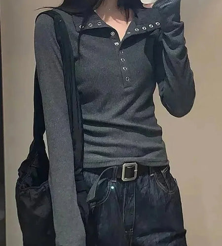 Women's Y2K Knitted Sweater Long Sleeve Slim Fit Pullover Top for Autumn Winter Versatile Bottoming Layer All Match Design