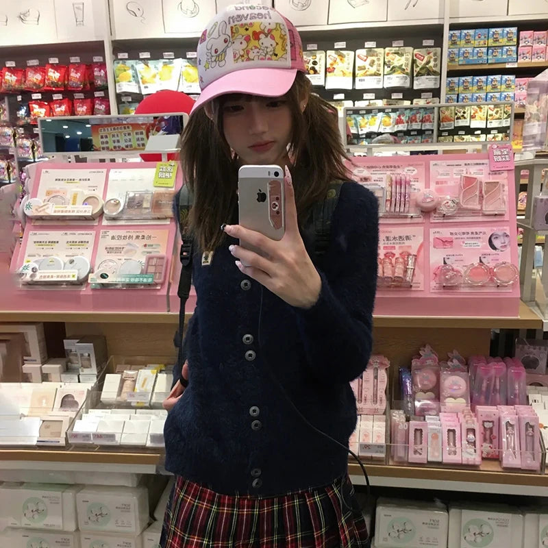 Japanese Y2k Furry Cardigan 2000s Style Knitted Fur Coat Vintage Harajuku Navy Blue Thick Knitwear Korean Fashion 90s