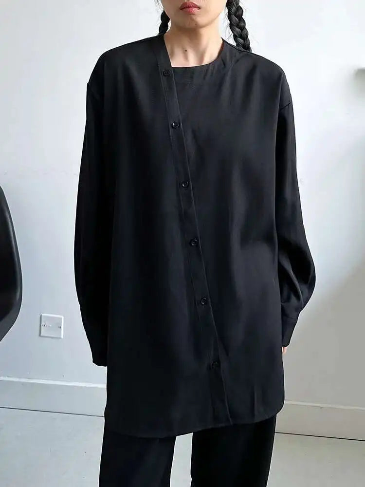 Women Black Irregular Button Elegant Big Size Blouse New Round Neck Long Sleeve Shirt Fashion Spring Autumn 2025 1DH6986