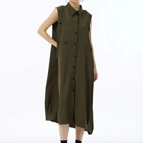 Load image into Gallery viewer, Women Army Green Button Big Size Midi Casual Shirt Dress New Lapel Sleeveless Fashion Tide Spring Summer 2025  1DH6614
