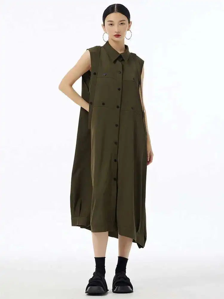Women Army Green Button Big Size Midi Casual Shirt Dress New Lapel Sleeveless Fashion Tide Spring Summer 2025  1DH6614