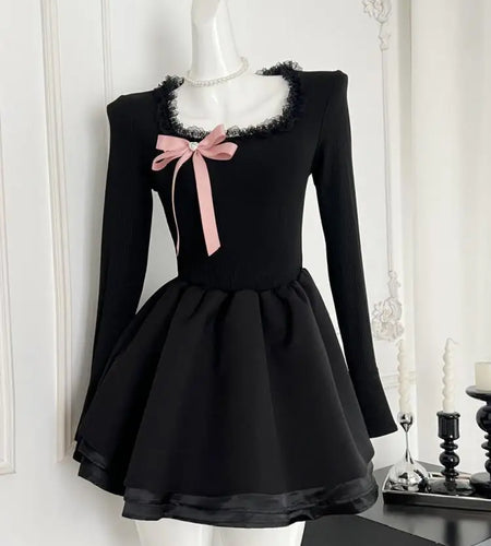 Vintage Black Elegant Long Sleeves O Neck Slim Short Dress Fashion High Waist Bow Ruffles Evening Dress Autumn Winter Clothing