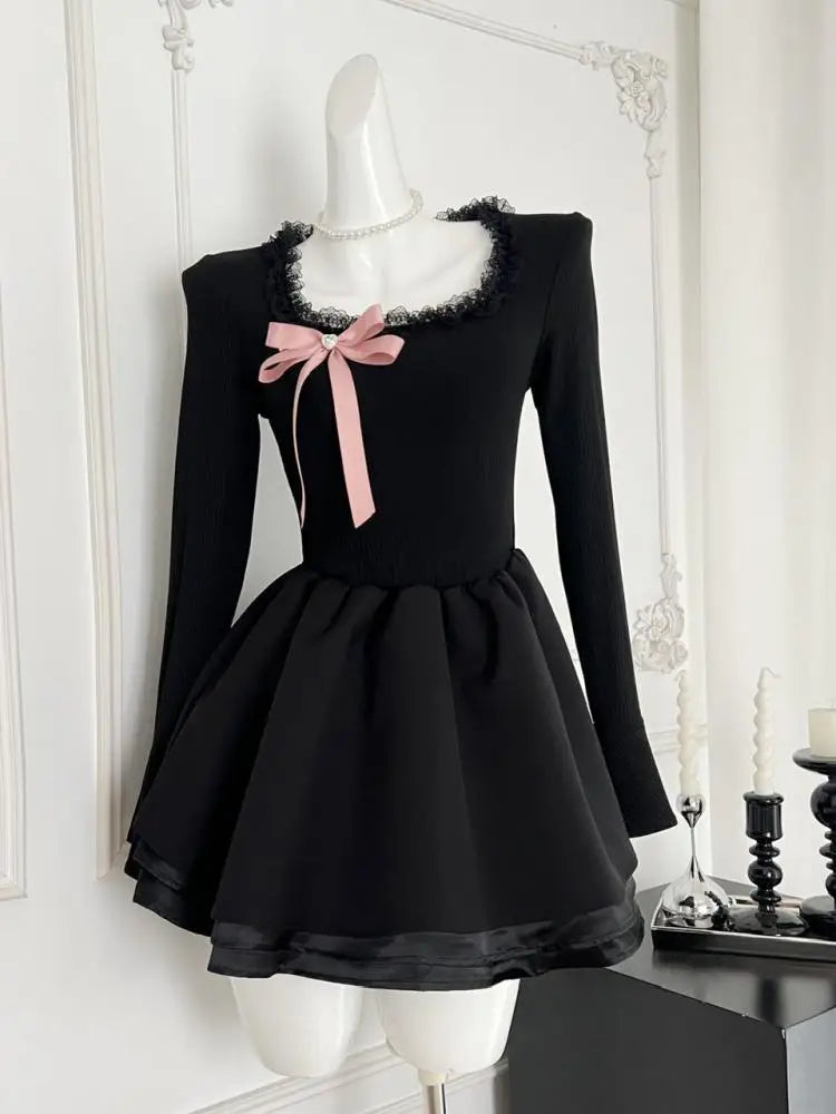 Vintage Black Elegant Long Sleeves O Neck Slim Short Dress Fashion High Waist Bow Ruffles Evening Dress Autumn Winter Clothing