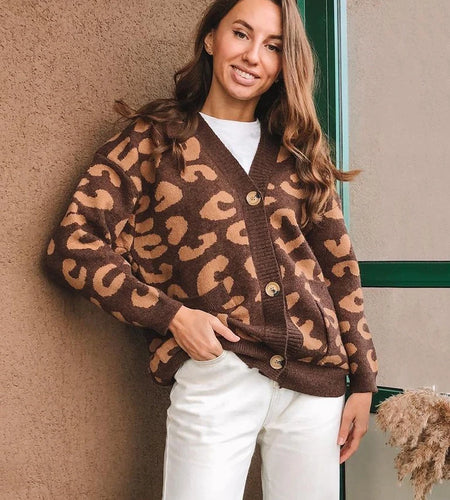 Harajuku Oversized Sweater New Autumn Winter Leopard Cardigan Casual Loose Female Knitted Open Stitch V-neck Jumper C-108