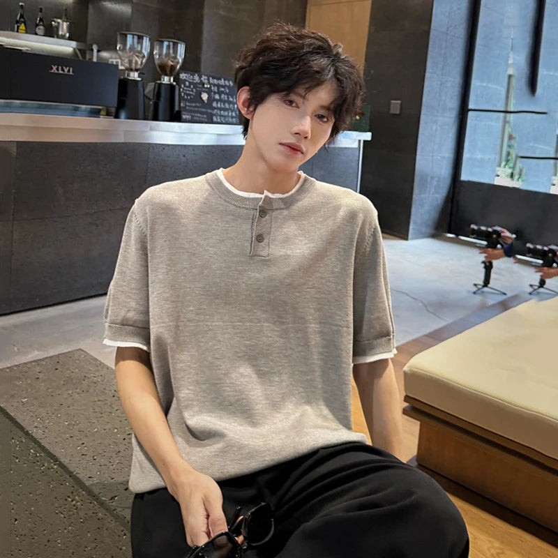 Men's T-shirts Short Sleeve Round Collar Fake Two-piece Spliced Button Knit Design Ice Male Pullover Clothing 9W1749