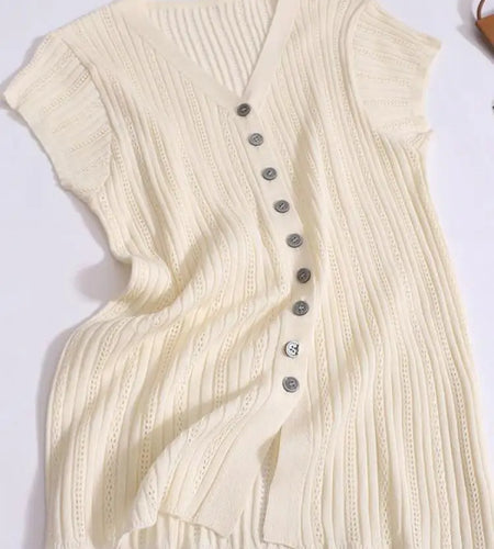 Women Solid Single Breasted Slim Hollow Out Knitted T-shirt Summer Short Sleeve V-neck Cardigan Tops 2024 Versatile Fashion New