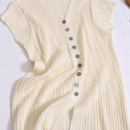 Load image into Gallery viewer, Women Solid Single Breasted Slim Hollow Out Knitted T-shirt Summer Short Sleeve V-neck Cardigan Tops 2024 Versatile Fashion New
