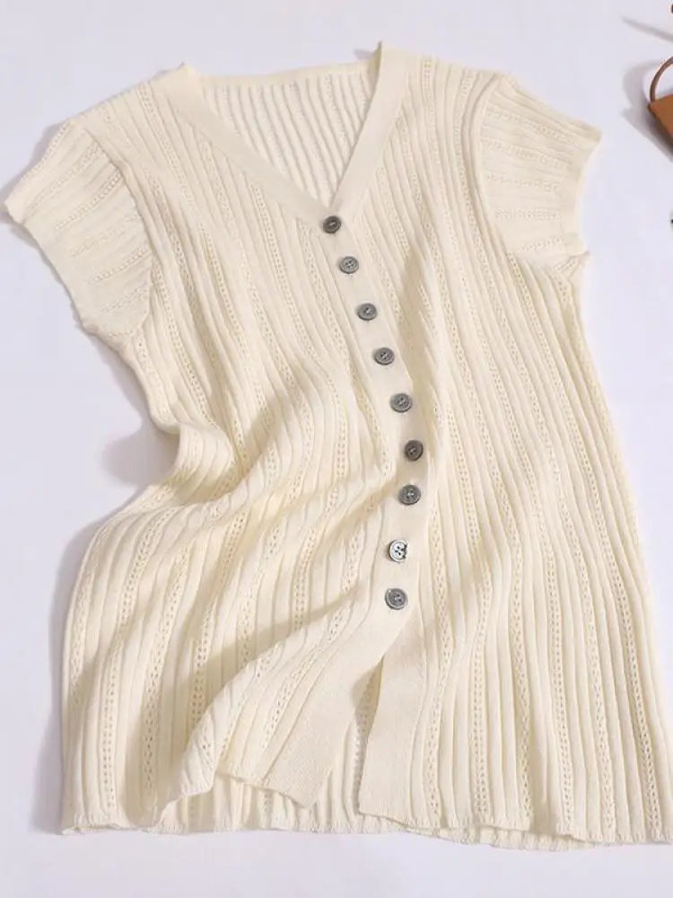 Women Solid Single Breasted Slim Hollow Out Knitted T-shirt Summer Short Sleeve V-neck Cardigan Tops 2024 Versatile Fashion New