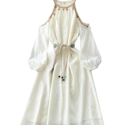 Load image into Gallery viewer, French Women Beige Elegant Long Sleeved Lace-up Pleated Dresses Spring High Waist Sexy Off Shoulder Vacation Party Dress Popular
