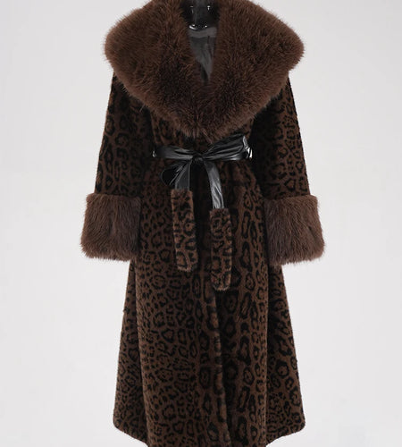 Brown Leoppard Print Big Size Long Faux Fur Jacket New Lapel Long Sleeve Women Coat Fashion Autumn Winter 2025 CPG2454